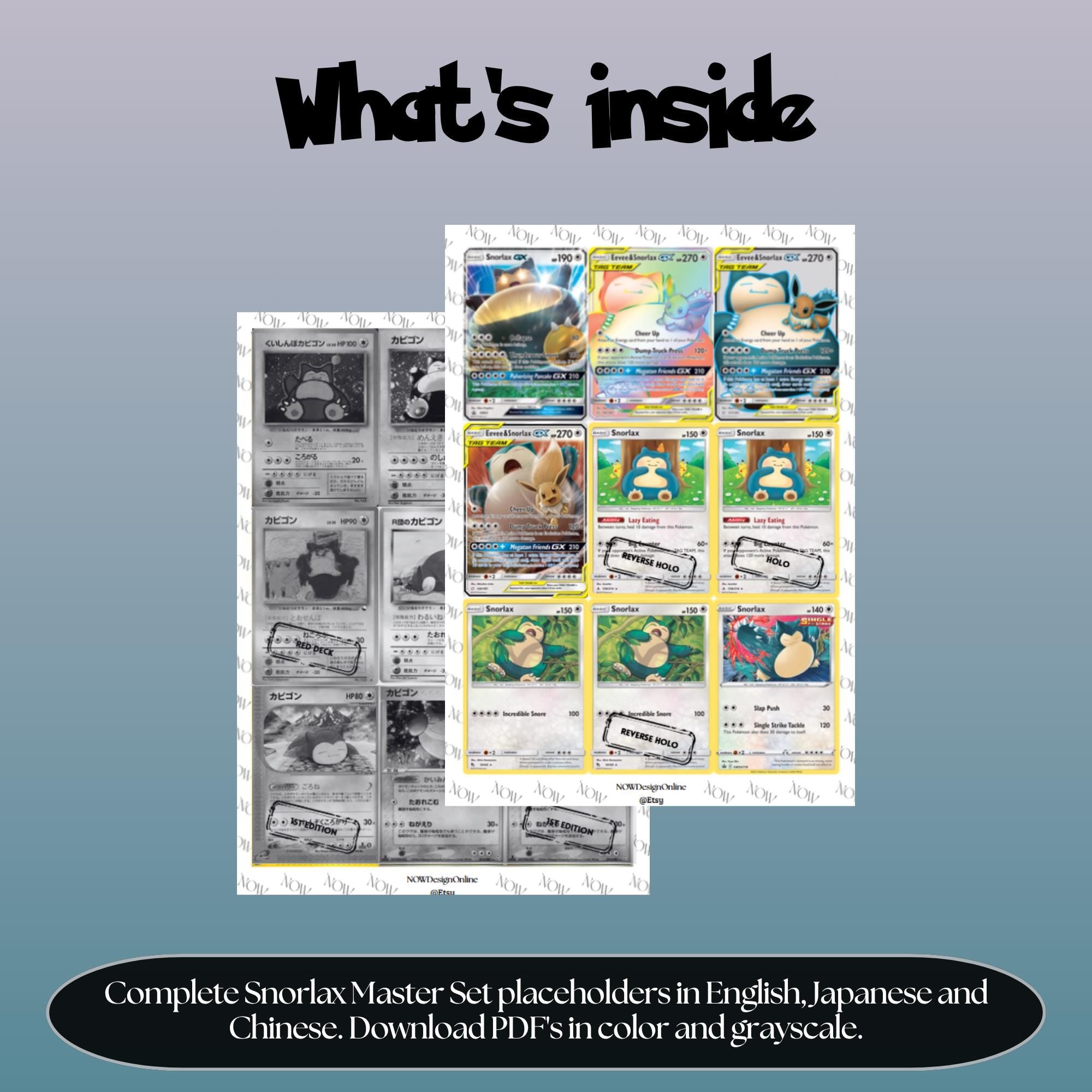 Snorlax binder pages set overview showing the included Pokémon cards to print and cut for your binder sleeves.