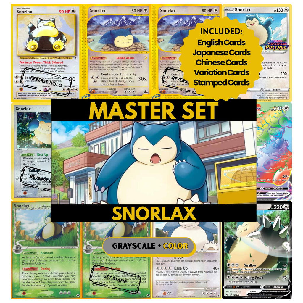 Snorlax binder pages set showing grayscale and color Pokémon cards, designed as a digital download to complete a collector’s binder.