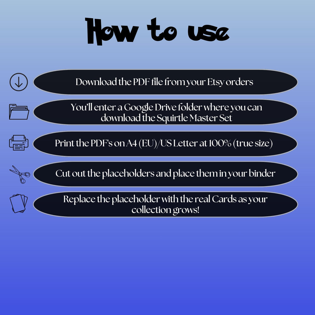 Squirtle cards digital download instructions explaining how to print, cut, and place placeholders in a Pokémon binder.