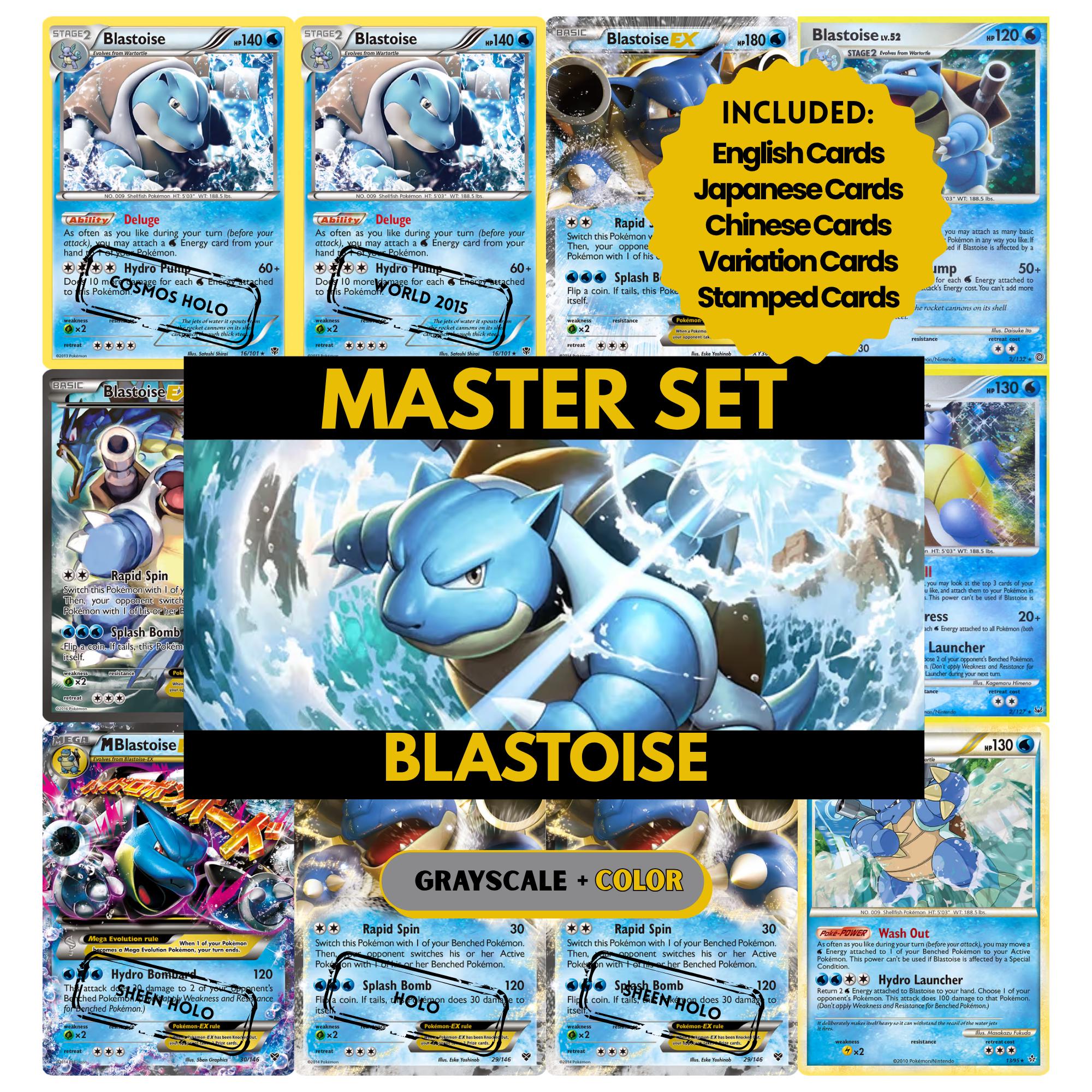 Blastoise binder pages set showing grayscale and color Pokémon cards, designed as a digital download to complete a collector’s binder.