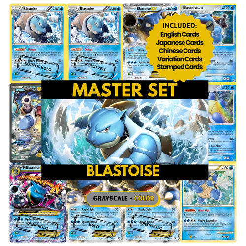 Blastoise binder pages set showing grayscale and color Pokémon cards, designed as a digital download to complete a collector’s binder.