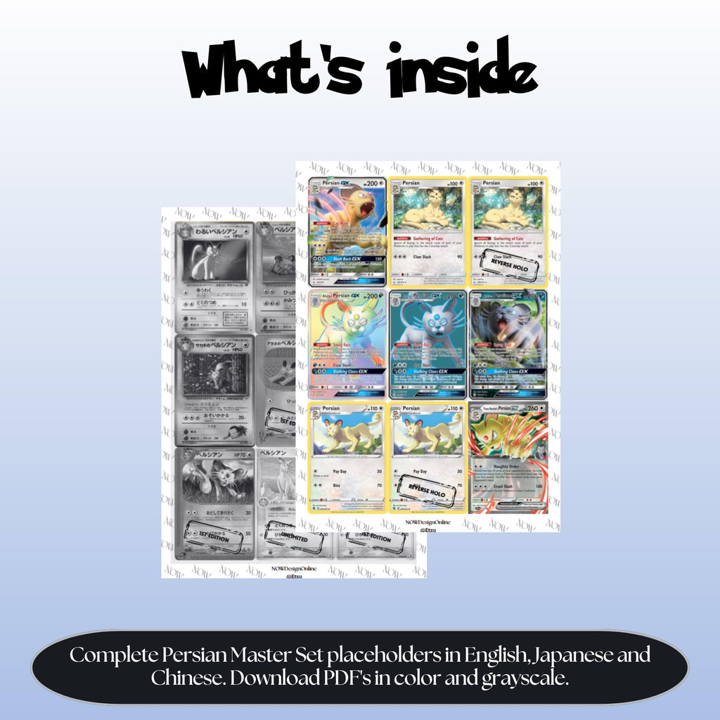 Persian binder pages set overview showing the included Pokémon cards to print and cut for your binder sleeves.