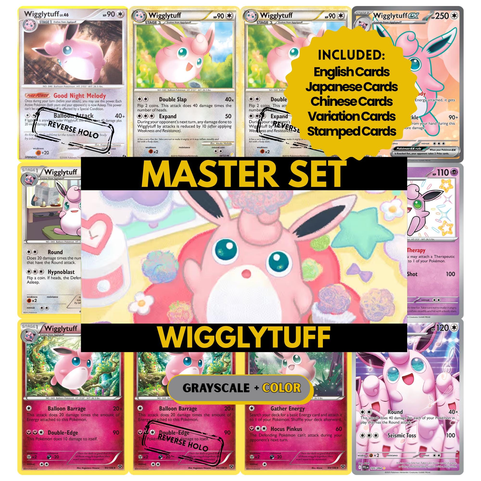 Wigglytuff binder pages set showing grayscale and color Pokémon cards, designed as a digital download to complete a collector’s binder.