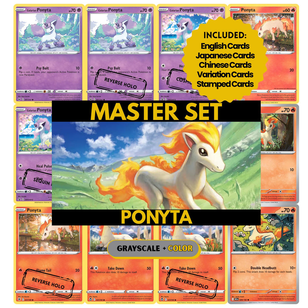 Ponyta binder pages set showing grayscale and color Pokémon cards, designed as a digital download to complete a collector’s binder.
