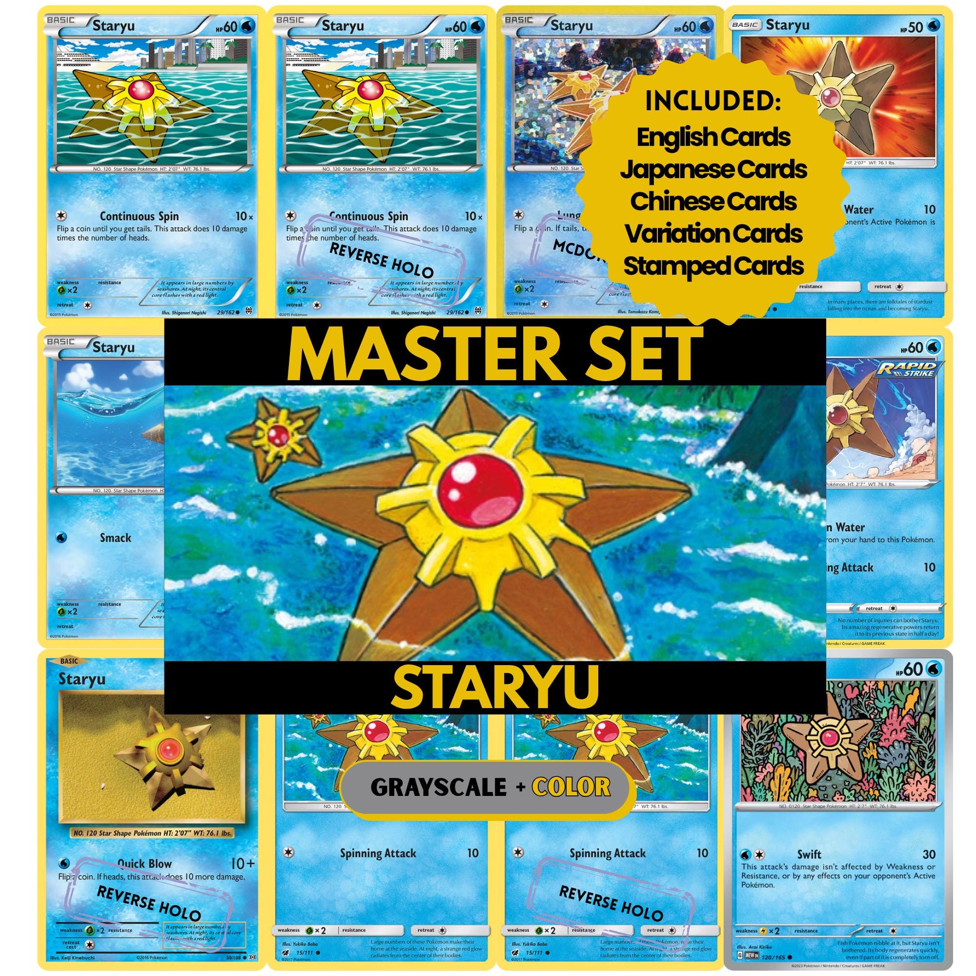 Staryu binder pages set showing grayscale and color Pokémon cards, designed as a digital download to complete a collector’s binder.