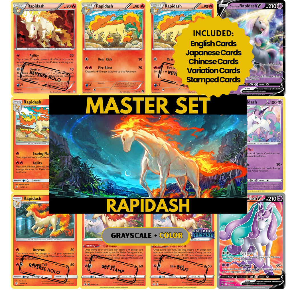 Rapidash binder pages set showing grayscale and color Pokémon cards, designed as a digital download to complete a collector’s binder.