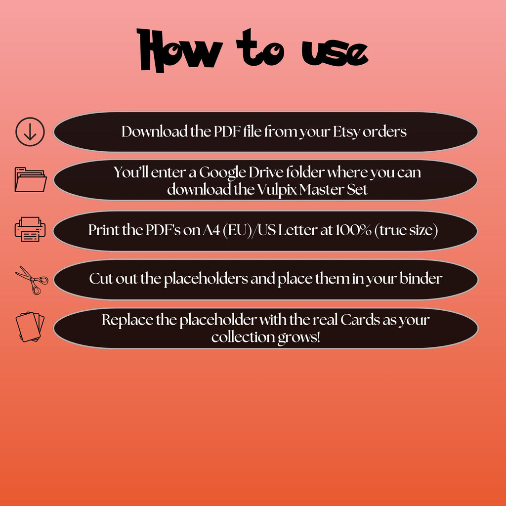 Vulpix cards digital download instructions explaining how to print, cut, and place placeholders in a Pokémon binder.