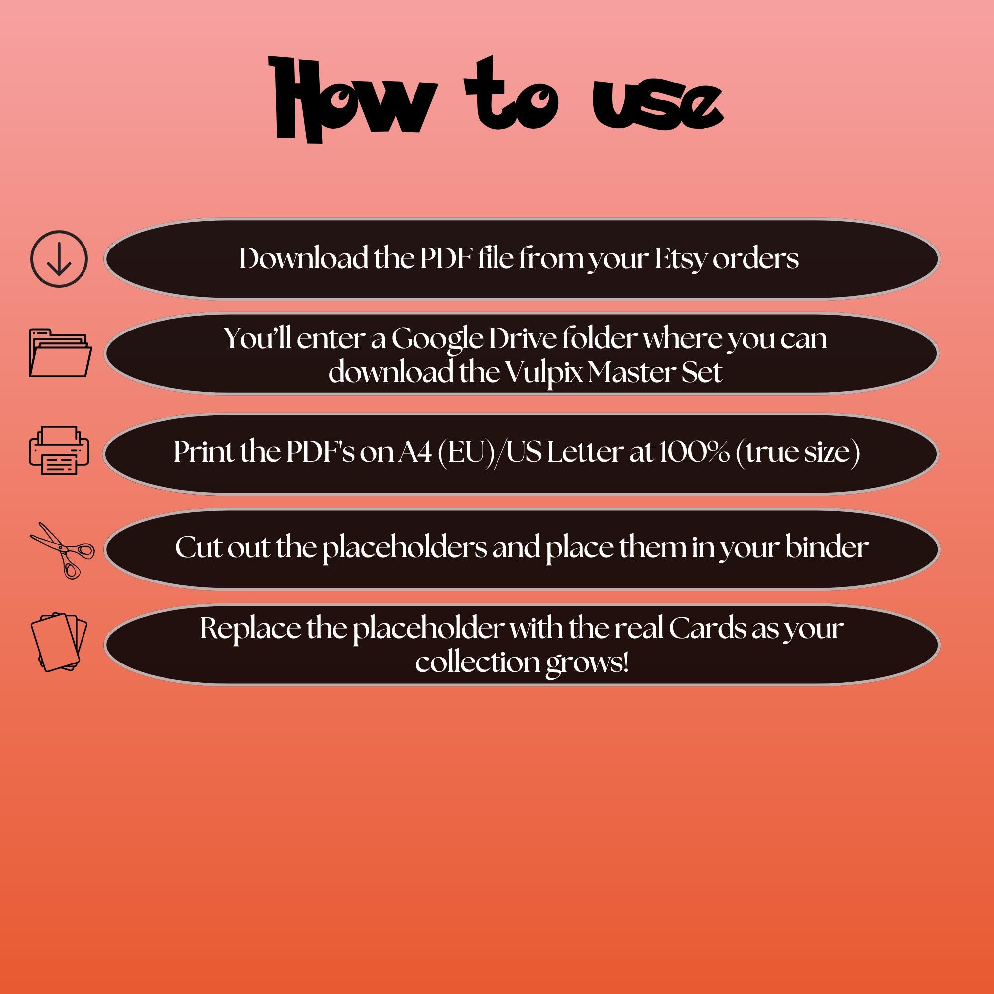 Vulpix cards digital download instructions explaining how to print, cut, and place placeholders in a Pokémon binder.