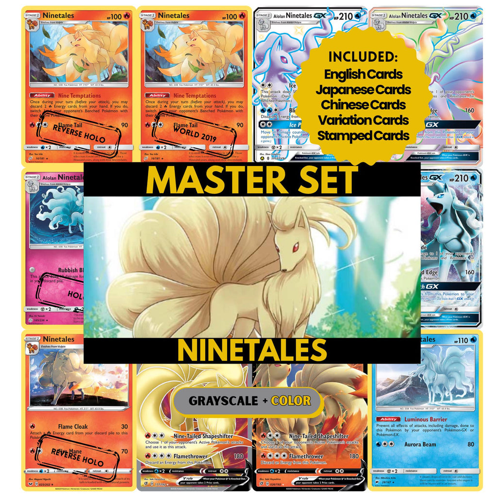Ninetales binder pages set showing grayscale and color Pokémon cards, designed as a digital download to complete a collector’s binder.