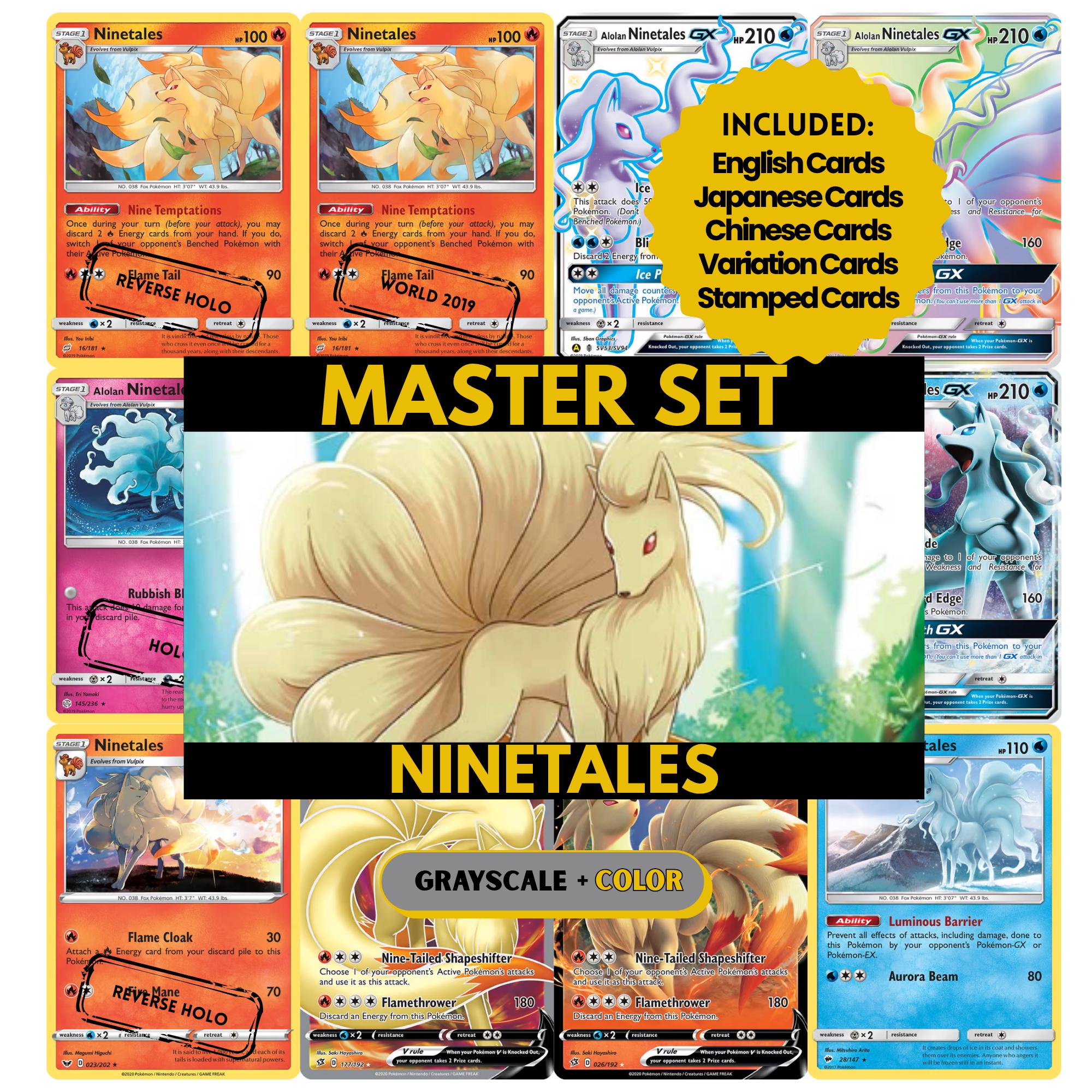 Ninetales binder pages set showing grayscale and color Pokémon cards, designed as a digital download to complete a collector’s binder.