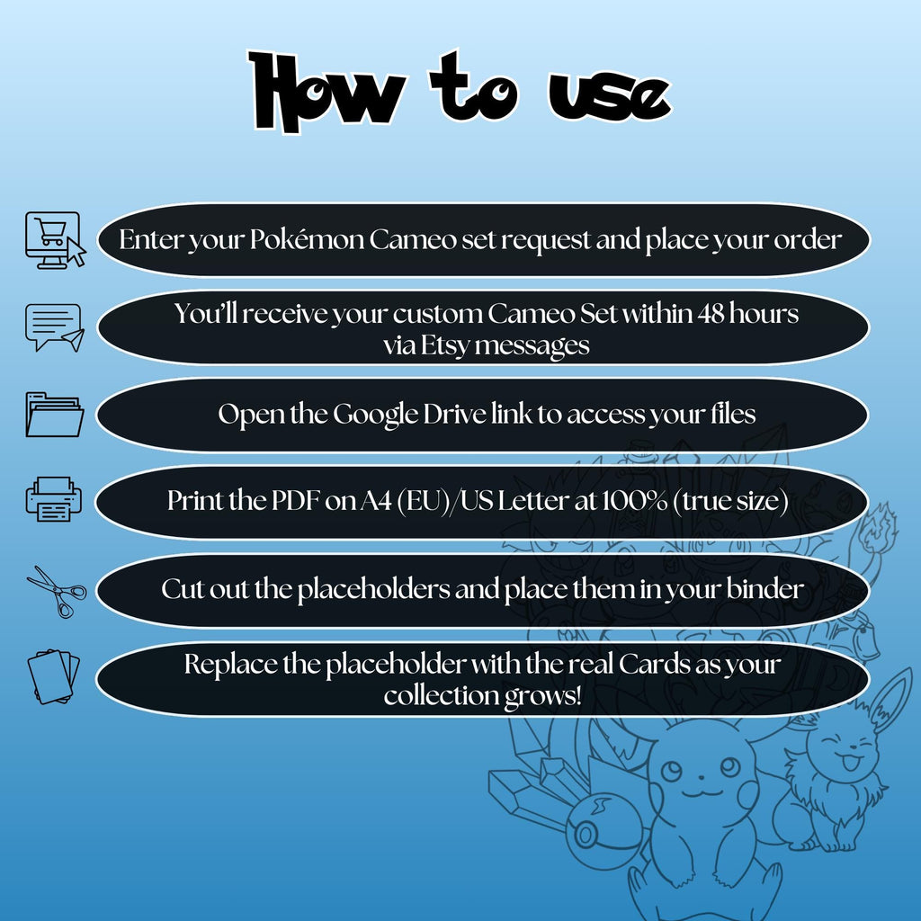 Pokémon Cameo Placeholders request instructions explaining how to download, print at 100%, cut and place placeholders in your binder.