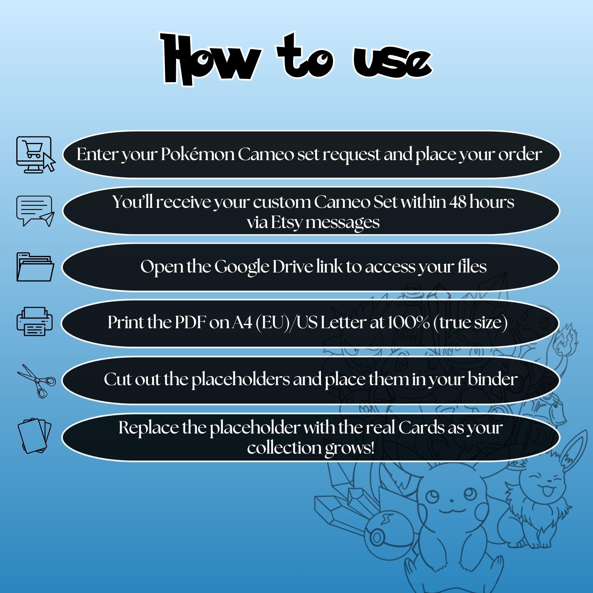 Pokémon Cameo Placeholders request instructions explaining how to download, print at 100%, cut and place placeholders in your binder.