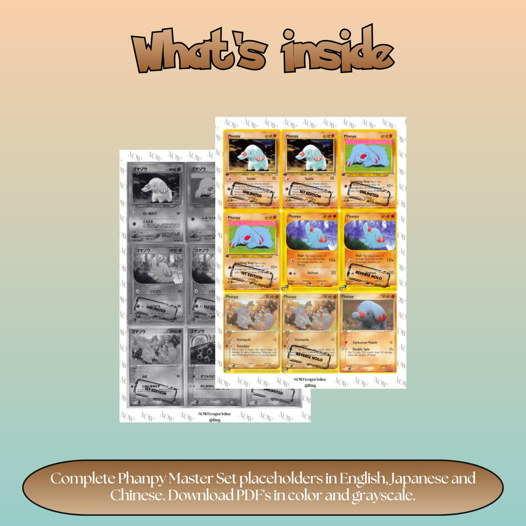 Phanpy binder pages set overview showing the included Pokémon cards to print and cut for your binder sleeves.