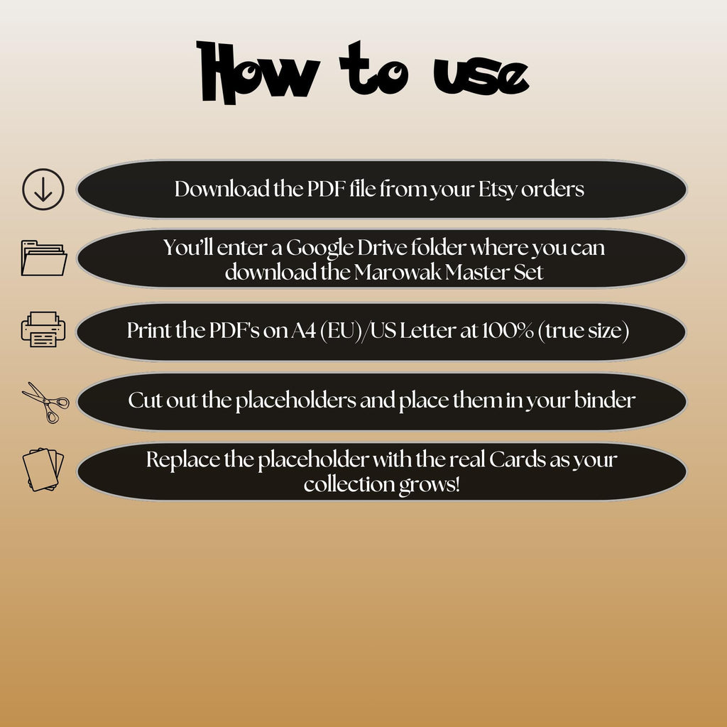 Marowak cards digital download instructions explaining how to print, cut, and place placeholders in a Pokémon binder.