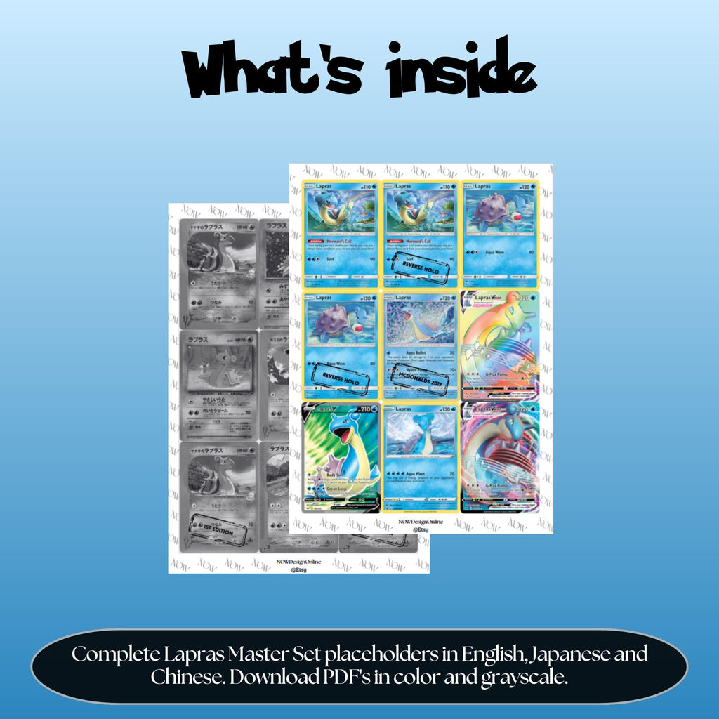 Lapras binder pages set overview showing the included Pokémon cards to print and cut for your binder sleeves.
