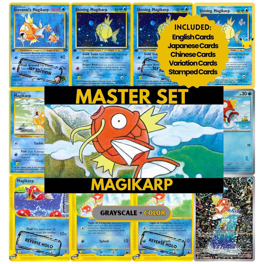 Magikarp binder pages set showing grayscale and color Pokémon cards, designed as a digital download to complete a collector’s binder.