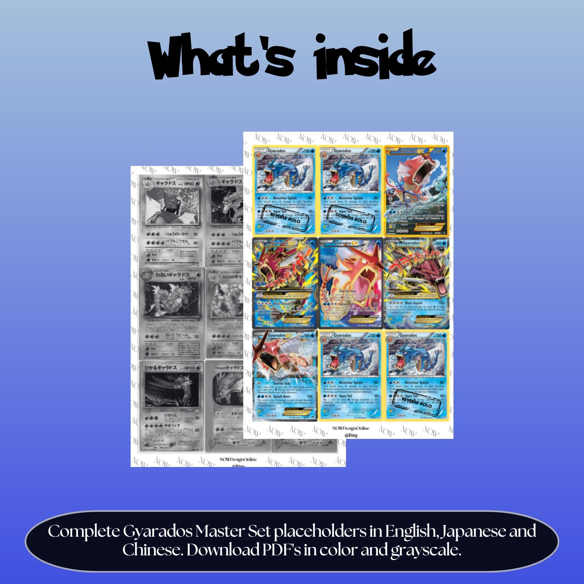 Gyarados binder pages set overview showing the included Pokémon cards to print and cut for your binder sleeves.