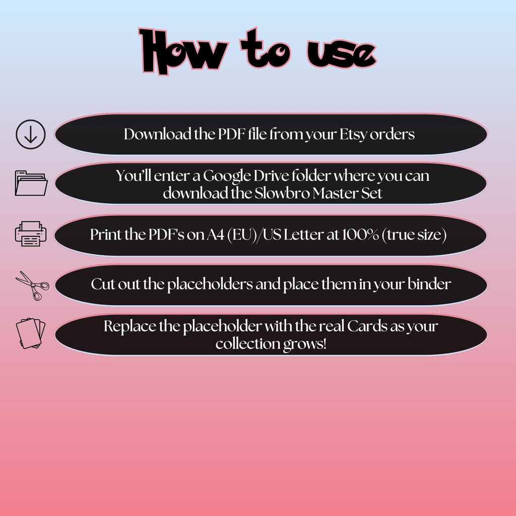 Slowbro cards digital download instructions explaining how to print, cut, and place placeholders in a Pokémon binder.