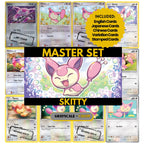 Skitty binder pages set showing grayscale and color Pokémon cards, designed as a digital download to complete a collector’s binder.