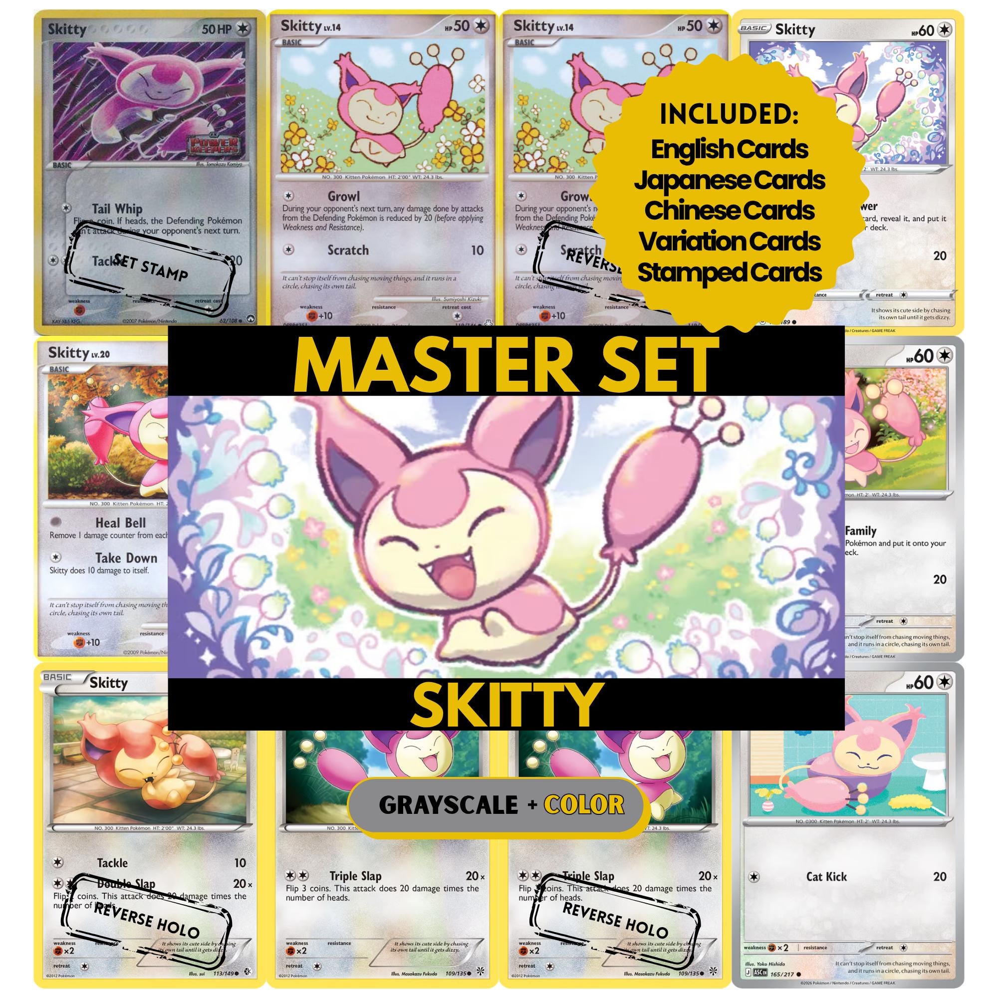 Skitty binder pages set showing grayscale and color Pokémon cards, designed as a digital download to complete a collector’s binder.