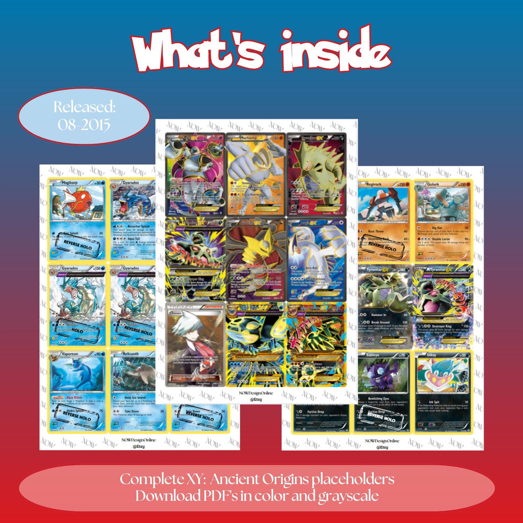 XY: Ancient Origins master set overview showing the included Pokémon cards to print and a full color checklist for the XY binder.