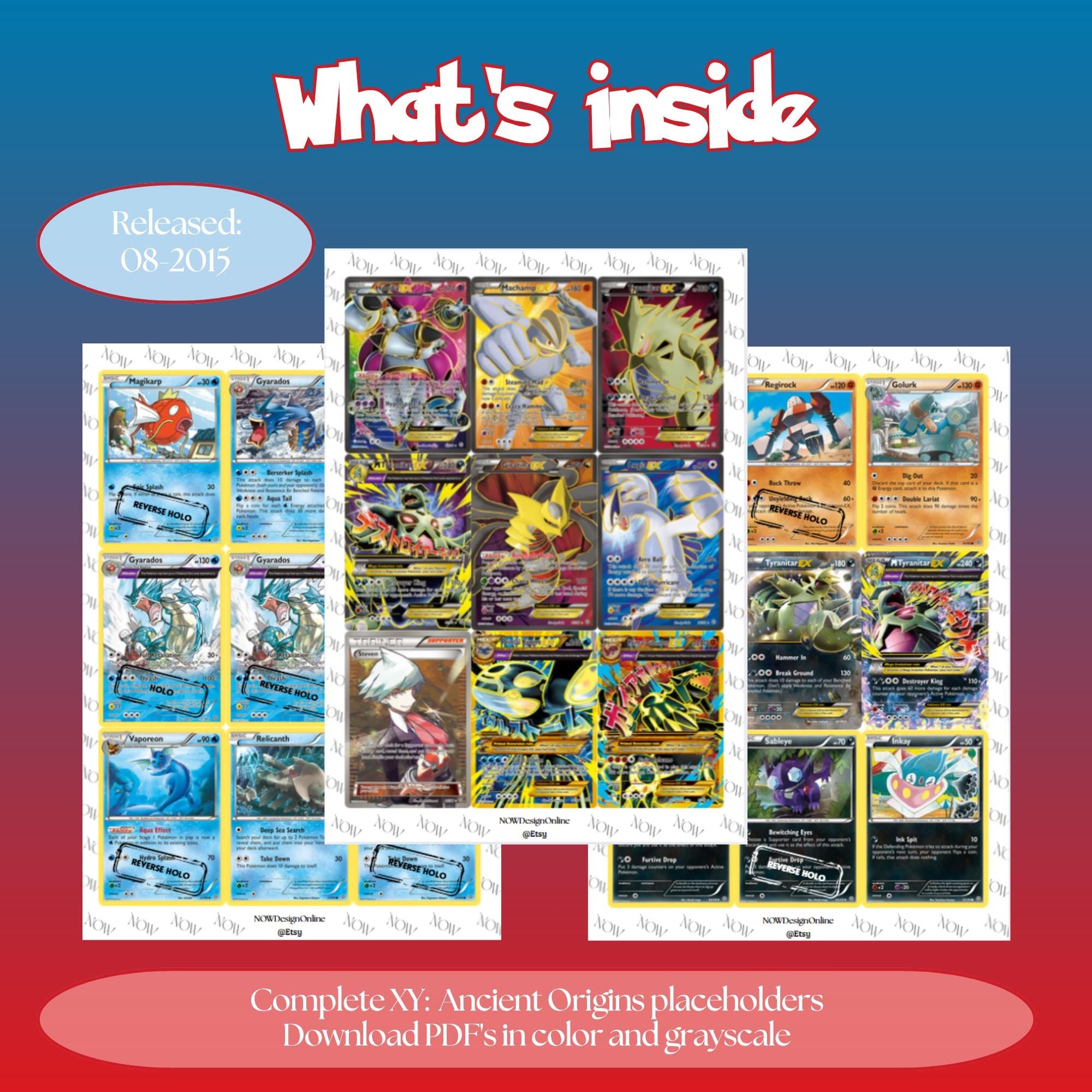 XY: Ancient Origins master set overview showing the included Pokémon cards to print and a full color checklist for the XY binder.