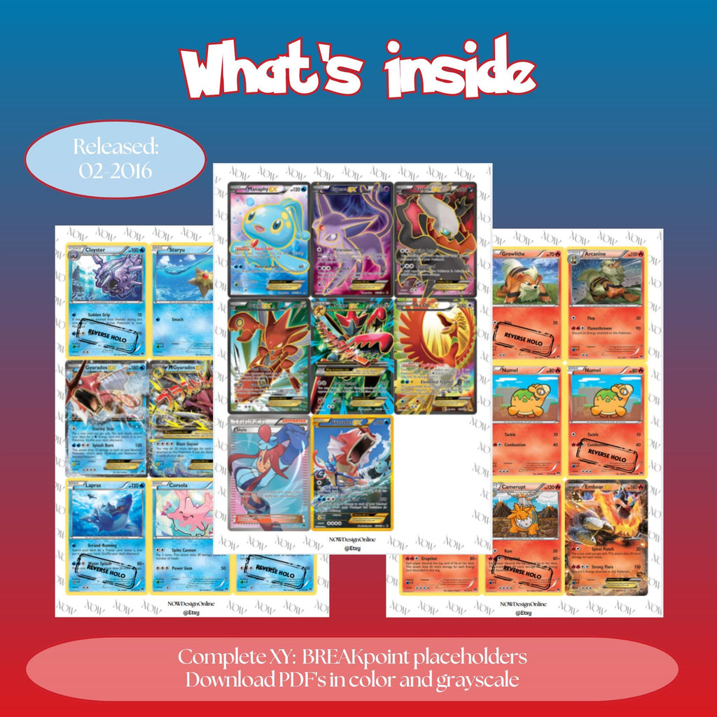 XY: BREAKpoint master set overview showing the included Pokémon cards to print and a full color checklist for the XY binder.