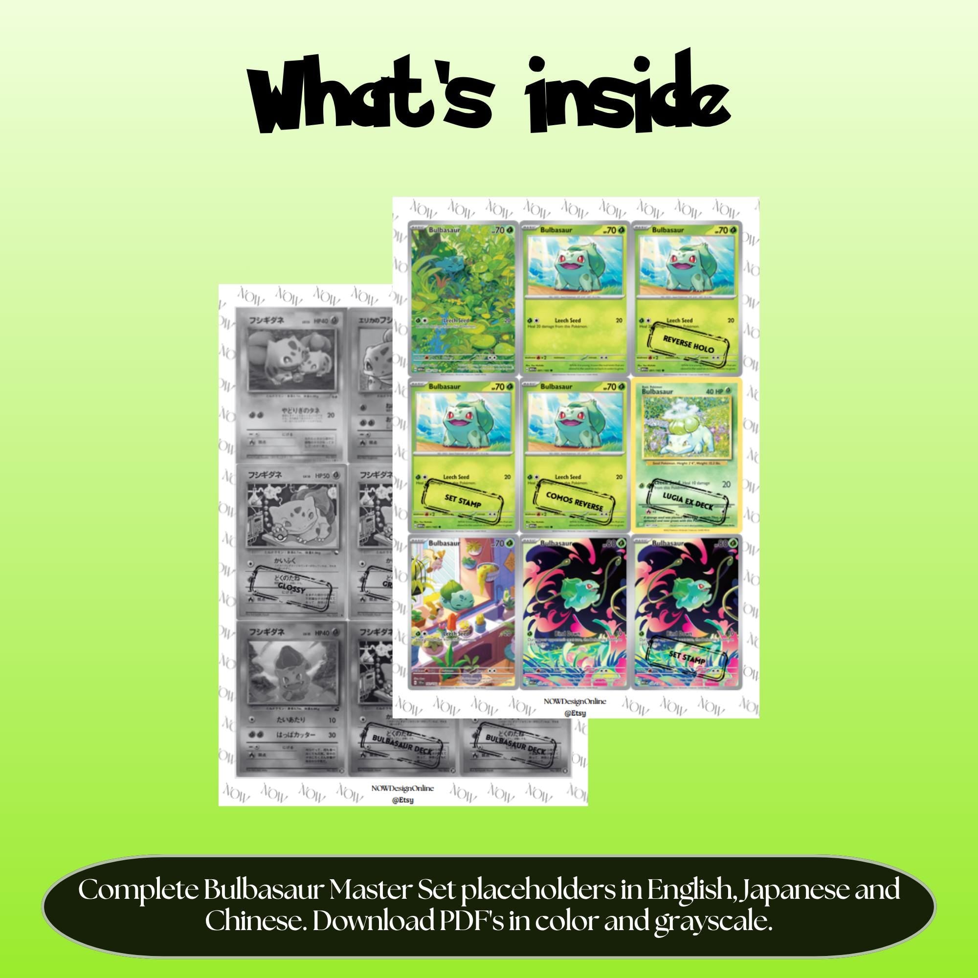 Bulbasaur binder pages set overview showing the included Pokémon cards to print and cut for your binder sleeves.