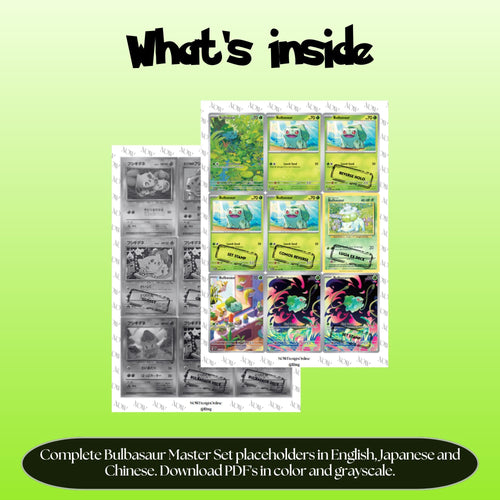 Bulbasaur binder pages set overview showing the included Pokémon cards to print and cut for your binder sleeves.