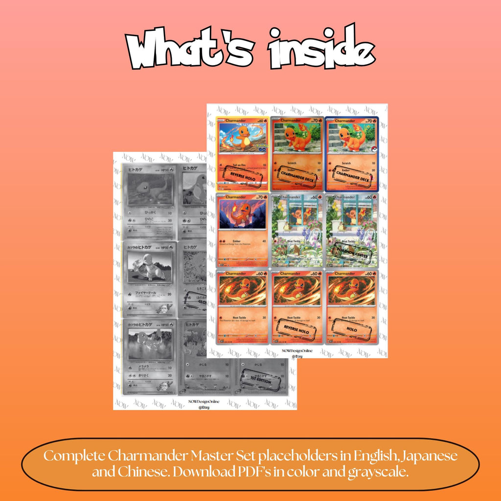 Charmander binder pages set overview showing the included Pokémon cards to print and cut for your binder sleeves.