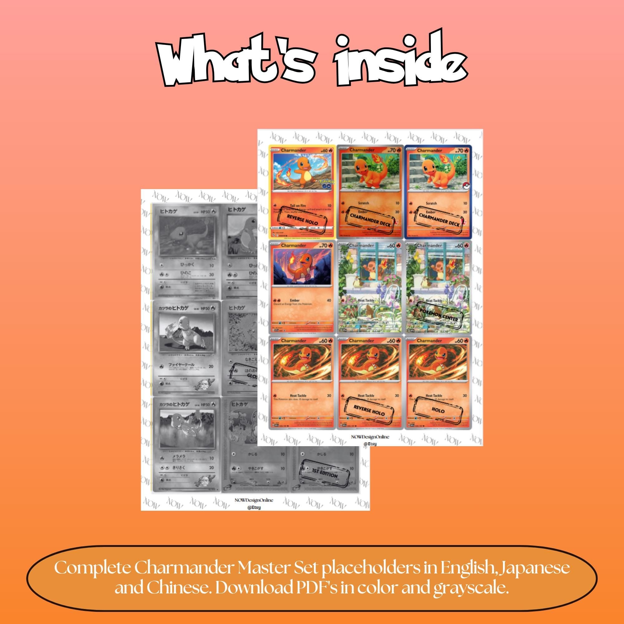 Charmander binder pages set overview showing the included Pokémon cards to print and cut for your binder sleeves.