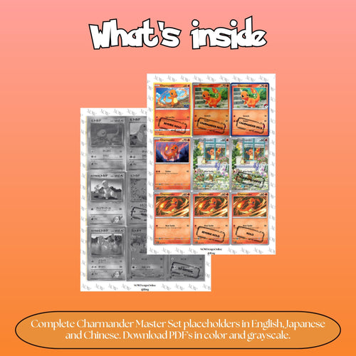 Charmander binder pages set overview showing the included Pokémon cards to print and cut for your binder sleeves.
