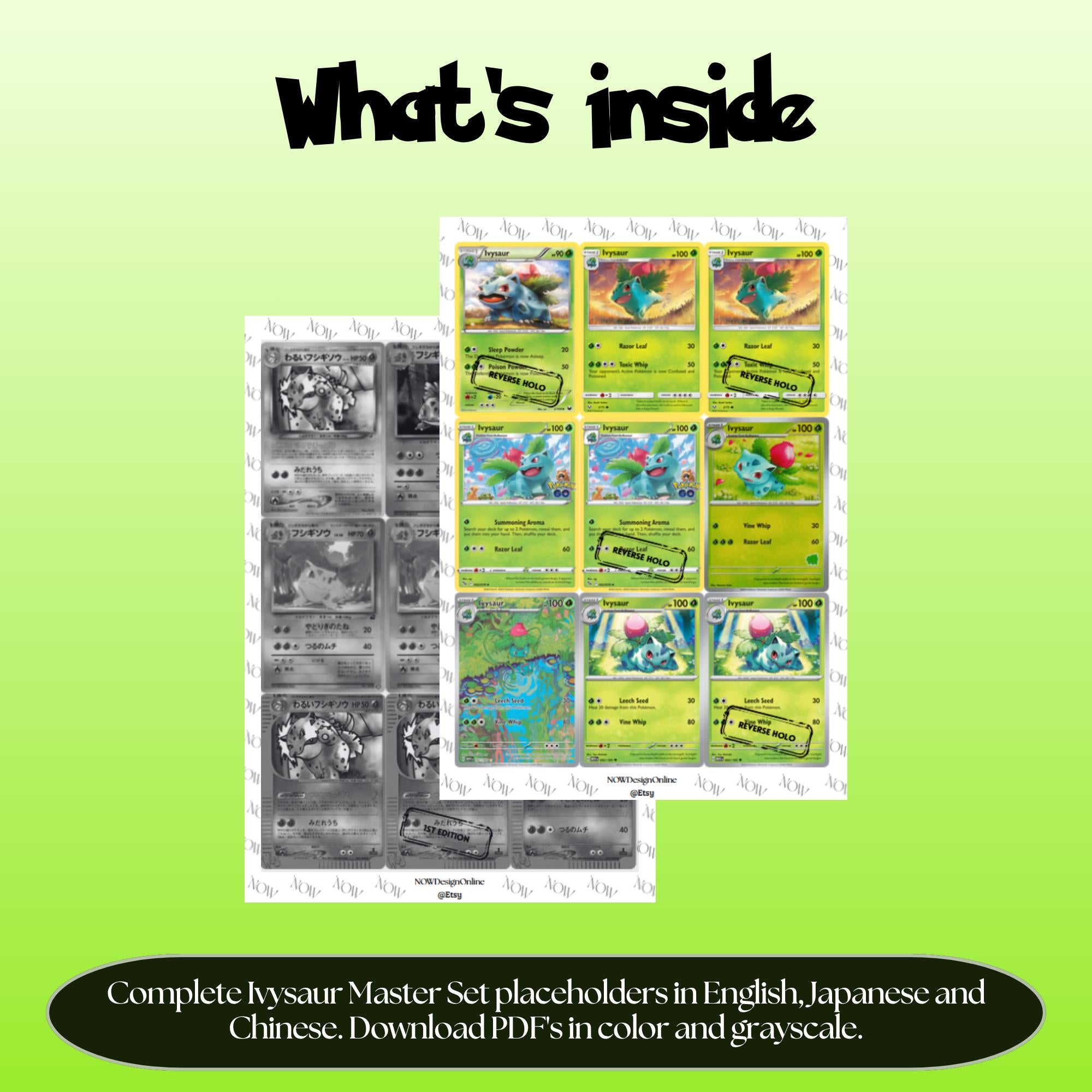 Ivysaur binder pages set overview showing the included Pokémon cards to print and cut for your binder sleeves.