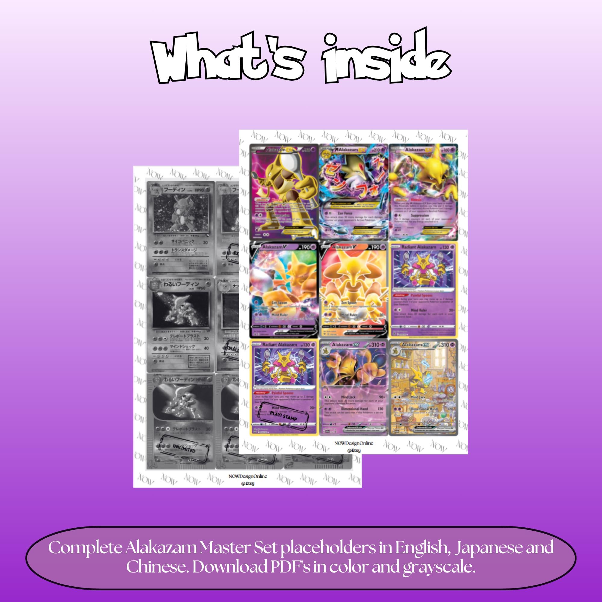 Alakazam binder pages set overview showing the included Pokémon cards to print and cut for your binder sleeves.
