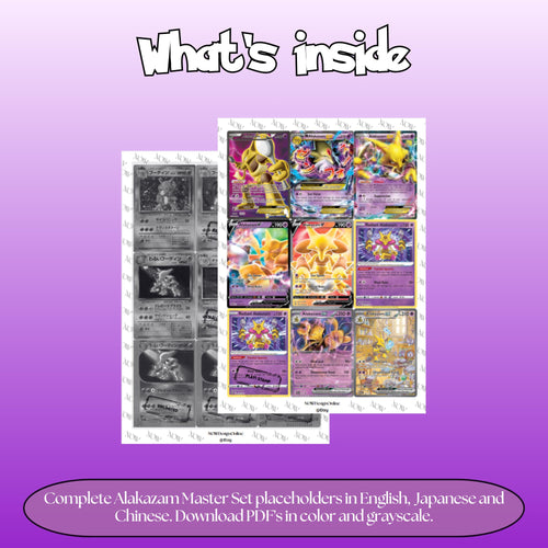 Alakazam binder pages set overview showing the included Pokémon cards to print and cut for your binder sleeves.