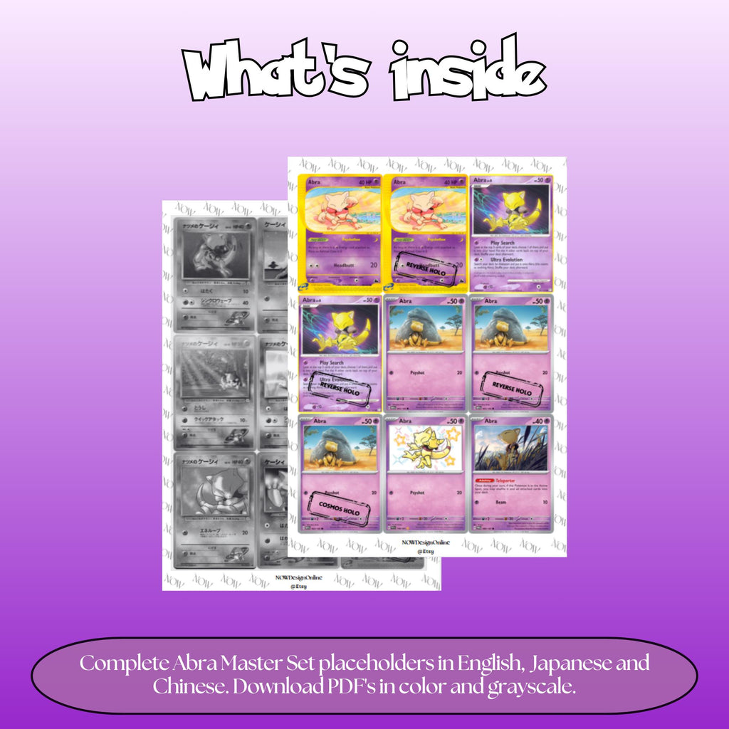Abra binder pages set overview showing the included Pokémon cards to print and cut for your binder sleeves.