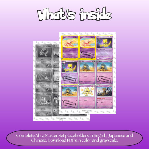 Abra binder pages set overview showing the included Pokémon cards to print and cut for your binder sleeves.
