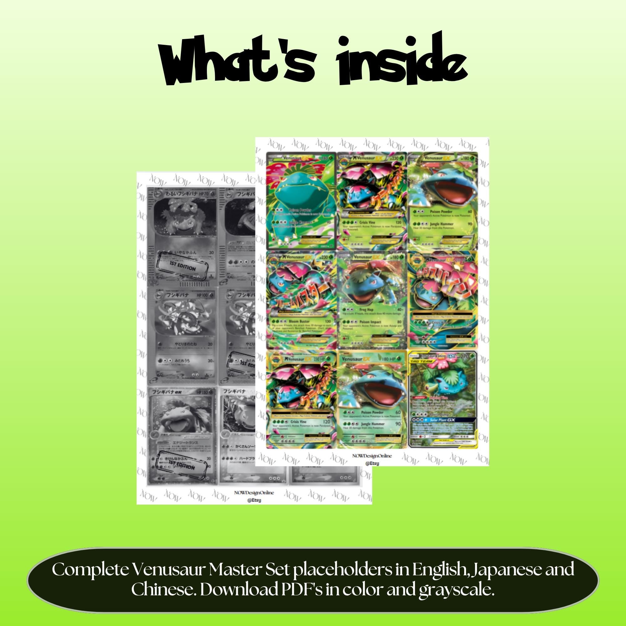 Venusaur binder pages set overview showing the included Pokémon cards to print and cut for your binder sleeves.