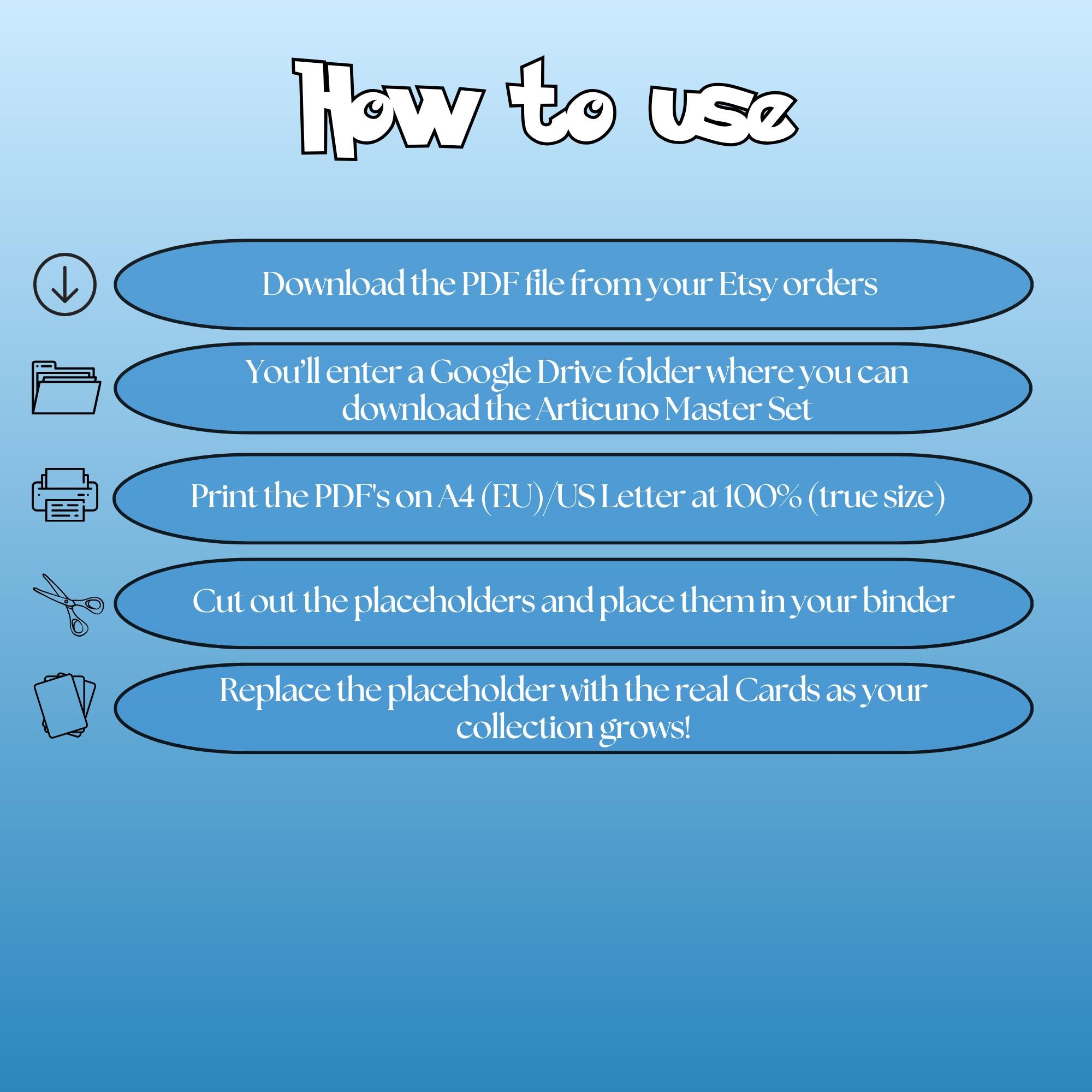 Articuno cards digital download instructions explaining how to print, cut, and place placeholders in a Pokémon binder.