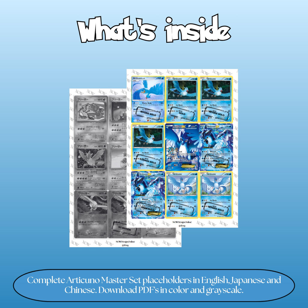 Articuno binder pages set overview showing the included Pokémon cards to print and cut for your binder sleeves.