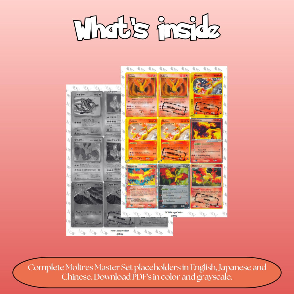 Moltres binder pages set overview showing the included Pokémon cards to print and cut for your binder sleeves.