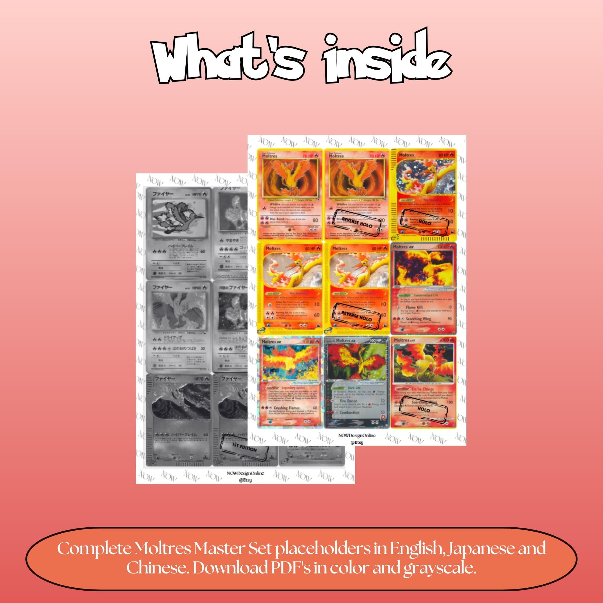 Moltres binder pages set overview showing the included Pokémon cards to print and cut for your binder sleeves.