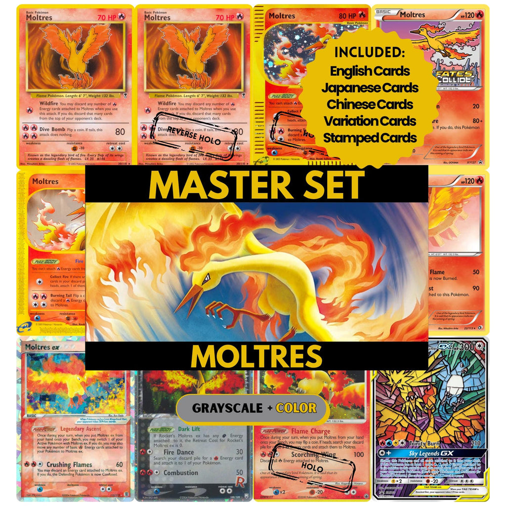 Moltres binder pages set showing grayscale and color Pokémon cards, designed as a digital download to complete a collector’s binder.