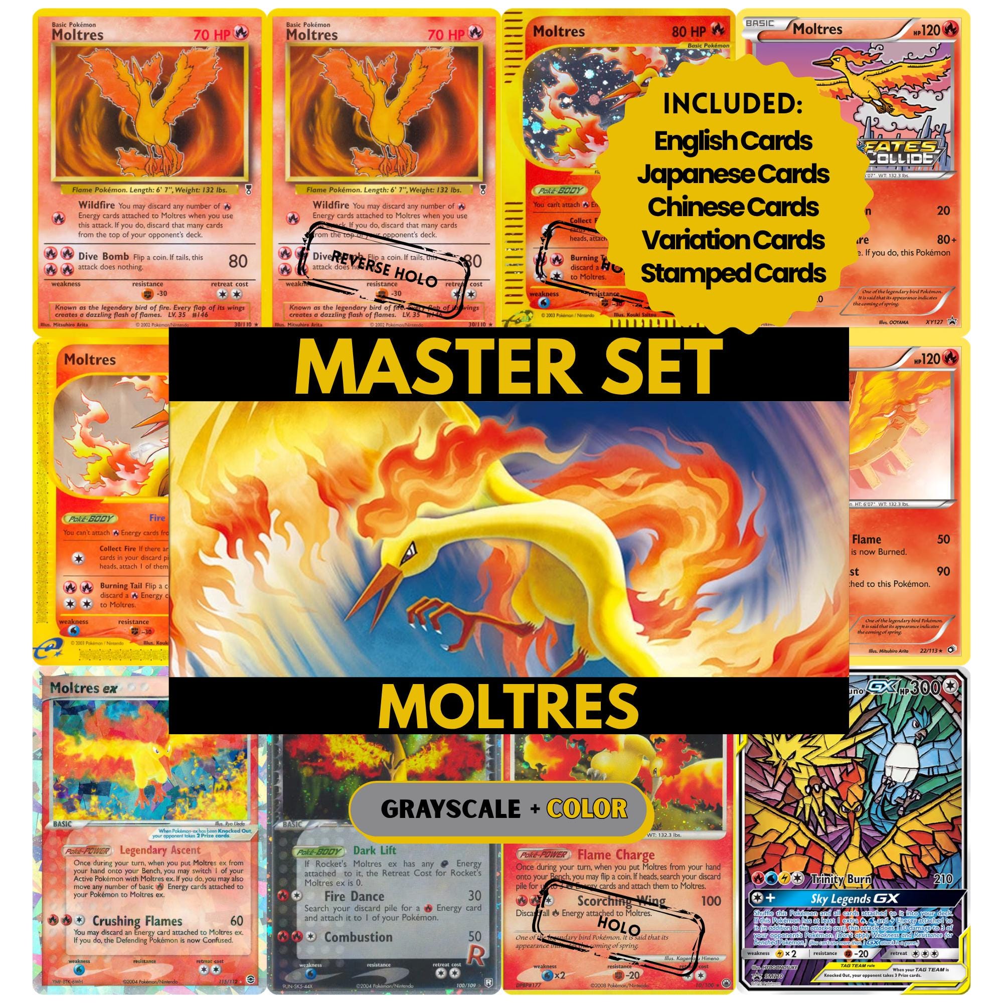 Moltres binder pages set showing grayscale and color Pokémon cards, designed as a digital download to complete a collector’s binder.