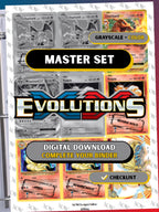 XY: Evolutions master set binder page showing grayscale and color Pokémon cards, designed as a digital download with checklist to complete a collector’s binder.