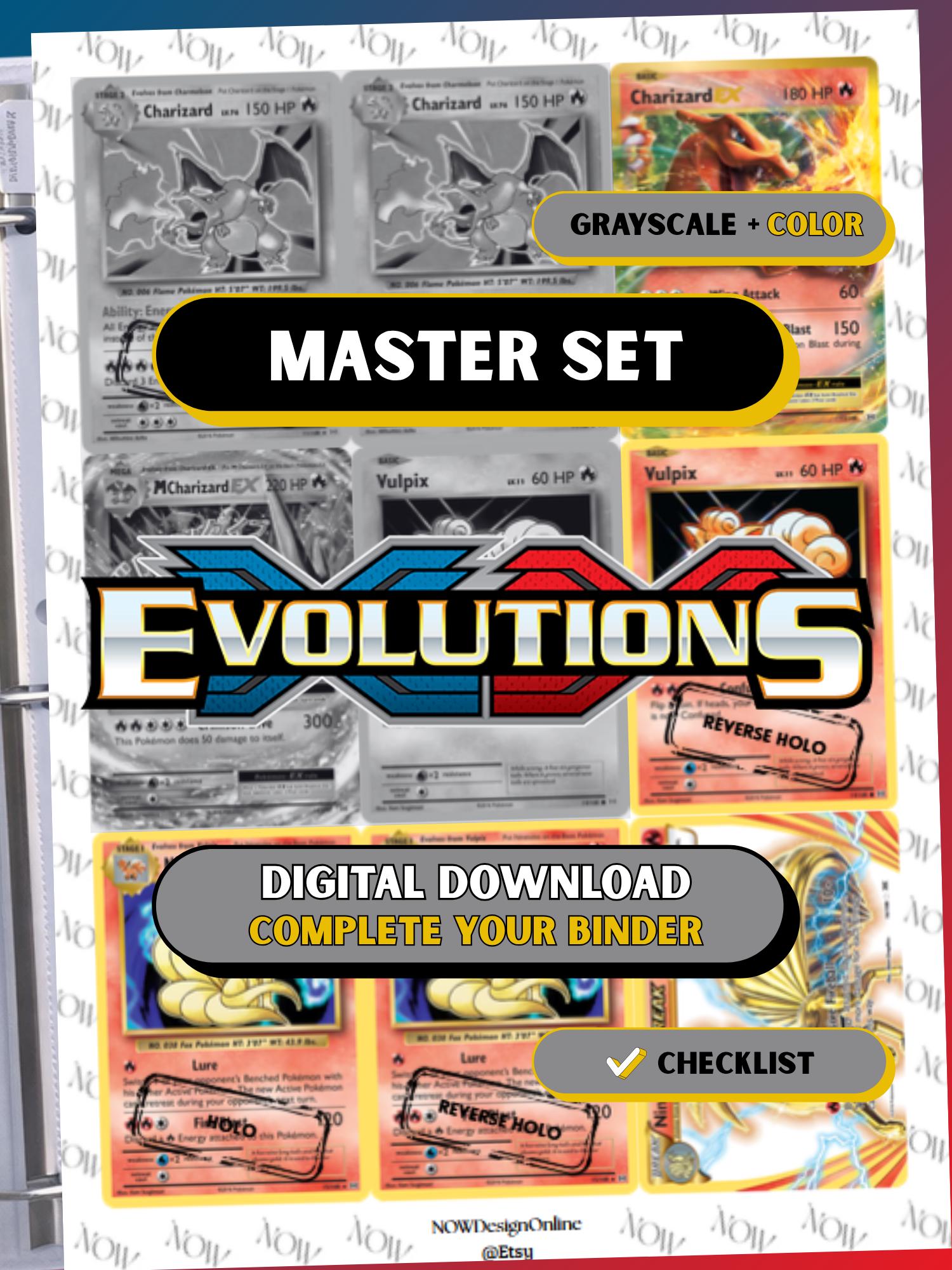 XY: Evolutions master set binder page showing grayscale and color Pokémon cards, designed as a digital download with checklist to complete a collector’s binder.