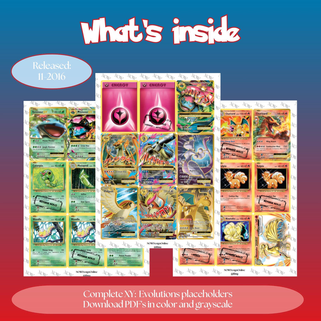 XY: Evolutions master set overview showing the included Pokémon cards to print and a full color checklist for the XY binder.