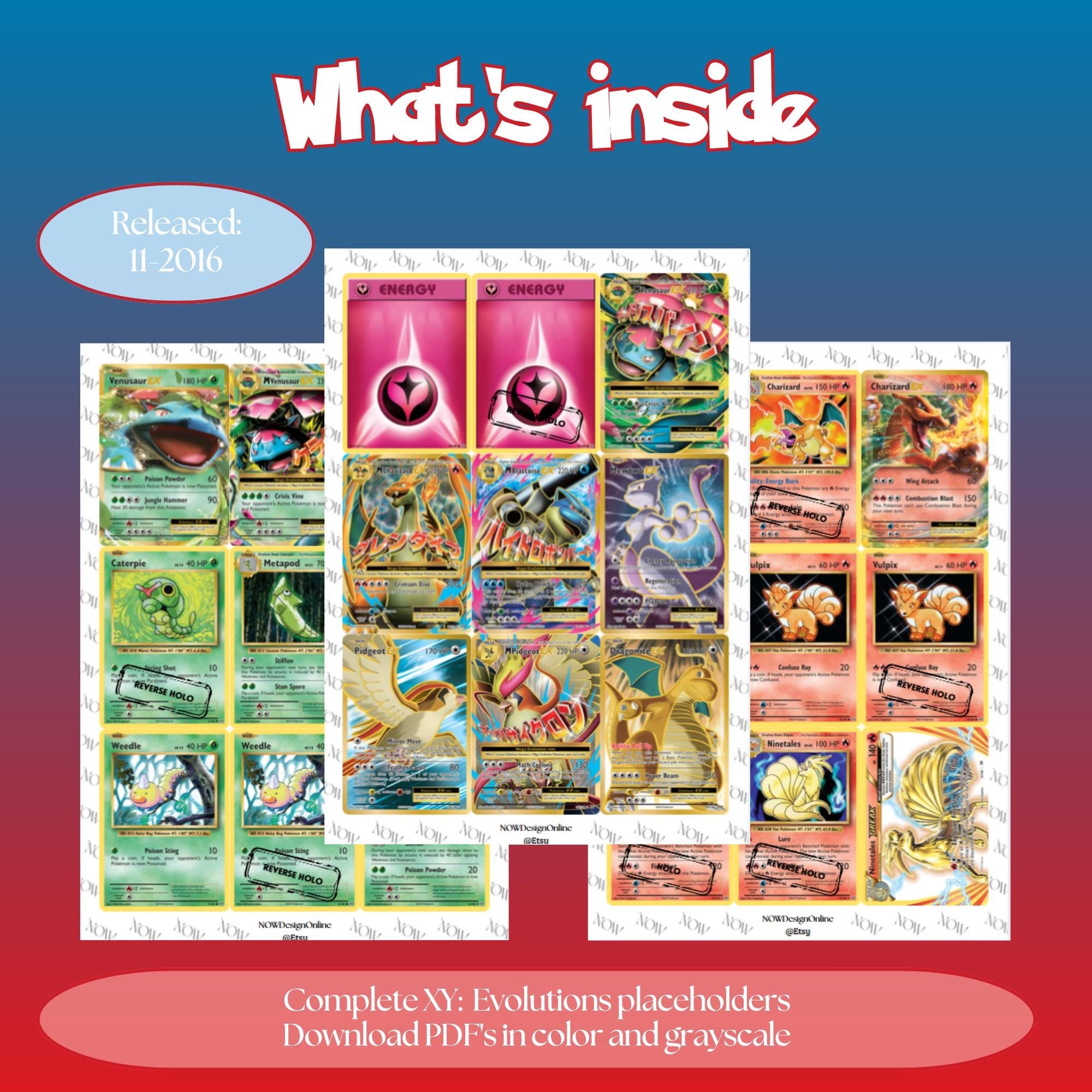 XY: Evolutions master set overview showing the included Pokémon cards to print and a full color checklist for the XY binder.