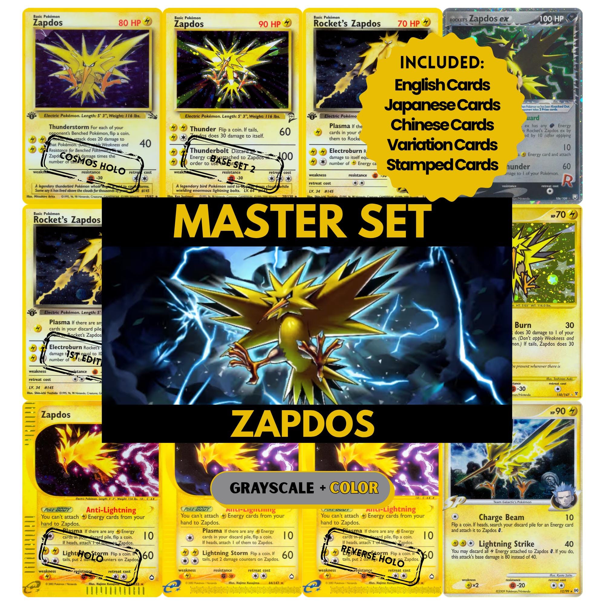 Zapdos binder pages set showing grayscale and color Pokémon cards, designed as a digital download to complete a collector’s binder.