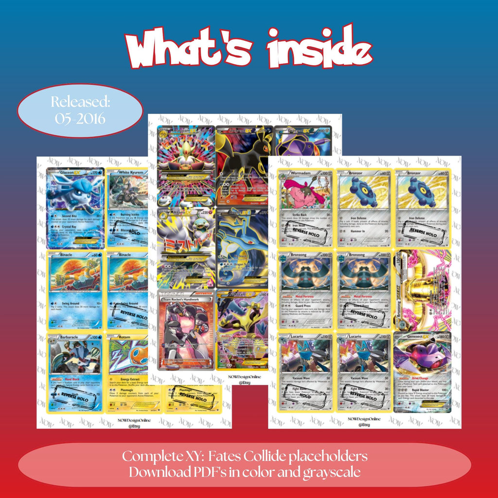 XY: Fates Collide master set overview showing the included Pokémon cards to print and a full color checklist for the XY binder.